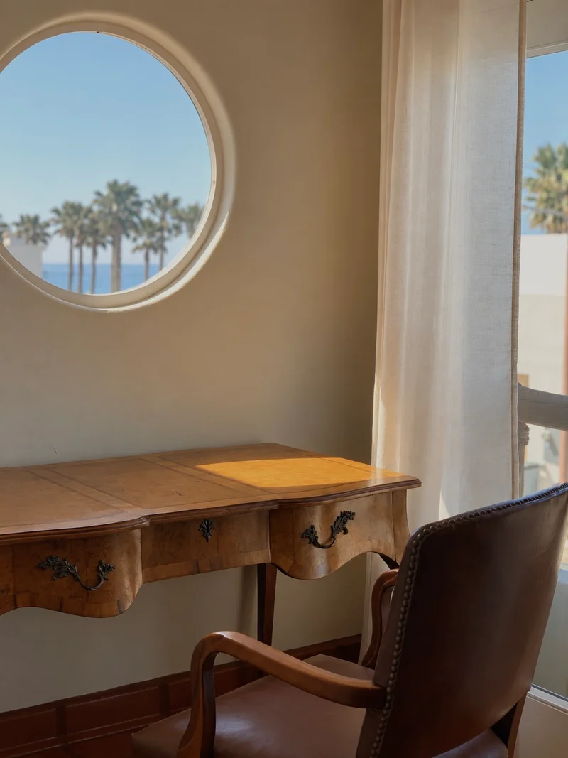A burr-figured desk with a scalloped apron and dark handles against a pale wall, below a round porthole window looking out to palms and the sea, with a studded leather armchair drawn up to it and a linen curtain at the window beside it.