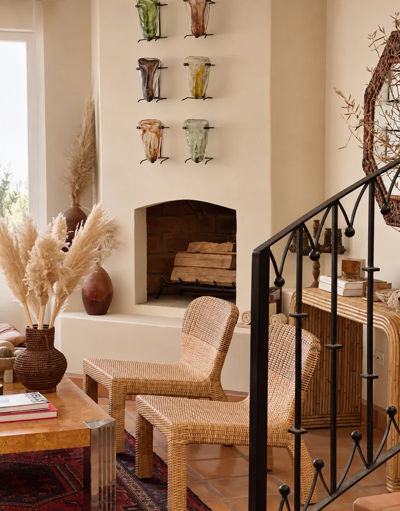 A plaster fireplace laid with logs, a wall of small niches holding glazed vessels above it, pampas in a woven pot, and a pair of rattan chairs on a red patterned rug.
