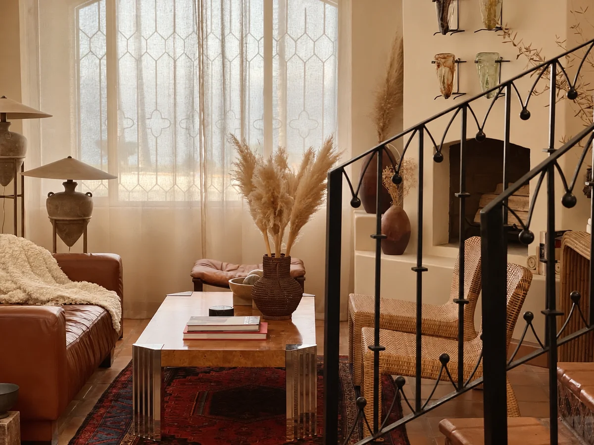The living room seen through the stair rail: a tan leather sofa, a low coffee table stacked with books, and dried pampas in a dark vessel against a latticed curtain.