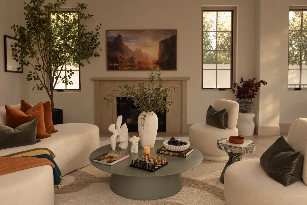 The whole room in late afternoon light: a limestone fireplace under a large landscape painting, the curved cream sofa and its ottoman facing a sage-green round table, an olive tree in the corner and a boucle armchair at the right.