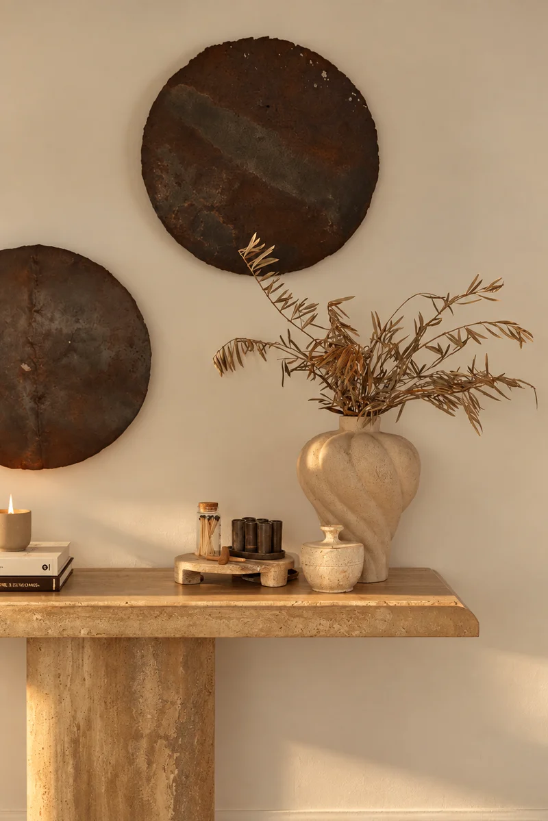 A pale stone console in low sun, two large round rusted-iron discs hung on the plaster wall above it, and on its top a carved stone vase of dried olive branches, a small lidded stone pot, a stone tray of dark candles and a matchstick jar, with books and a lit candle at the end.