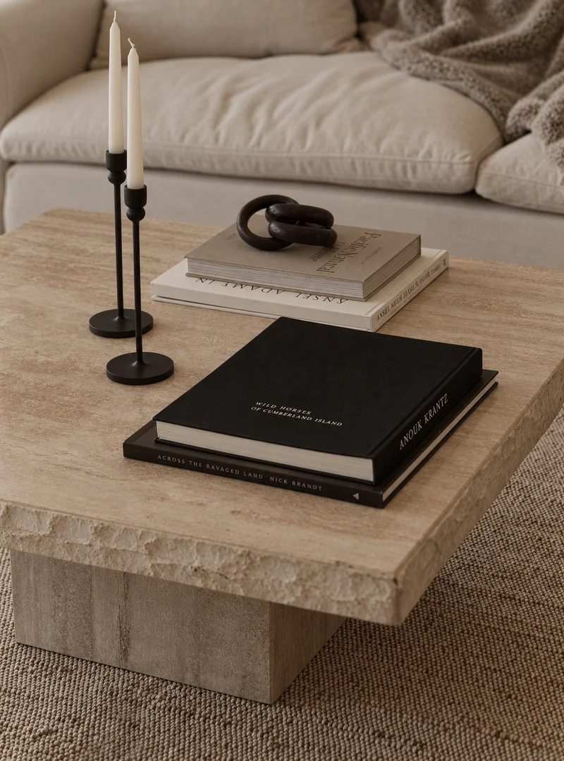 The square stone coffee table seen close: two slim black candlesticks, a dark chain-link object on a pair of art books, and a black clothbound volume, with a pale linen sofa and a knitted throw behind it.