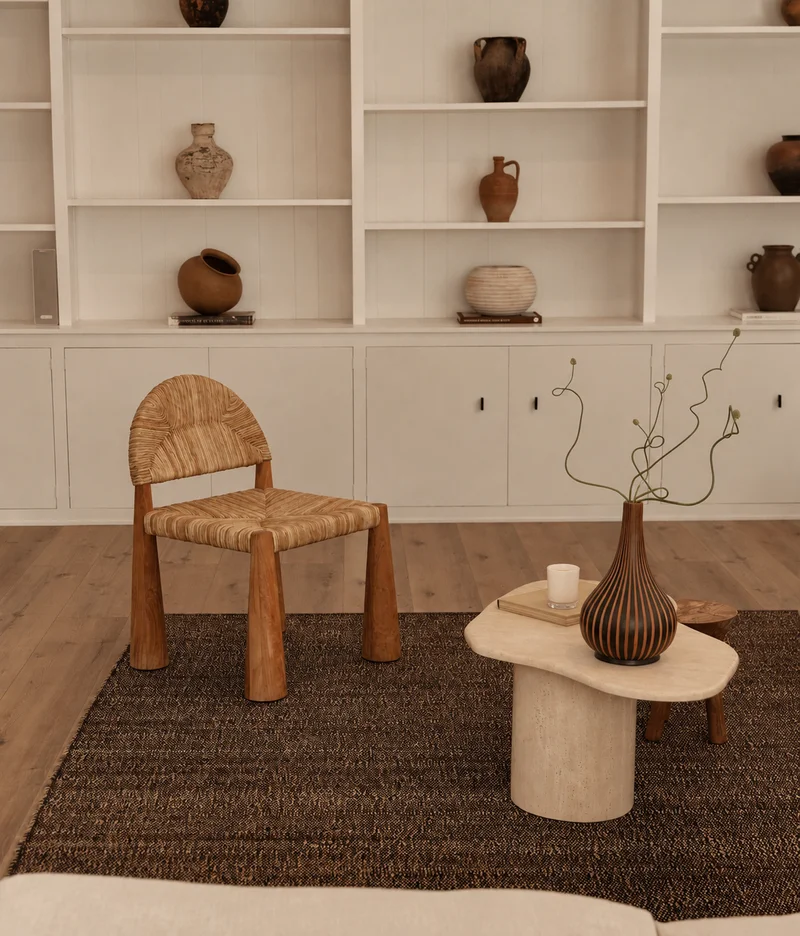 A woven rush-and-timber chair on a dark woven rug in front of the cream shelving wall of pots, with the kidney-shaped stone table beside it carrying a ribbed dark vase of wiry branches, a candle and a book.