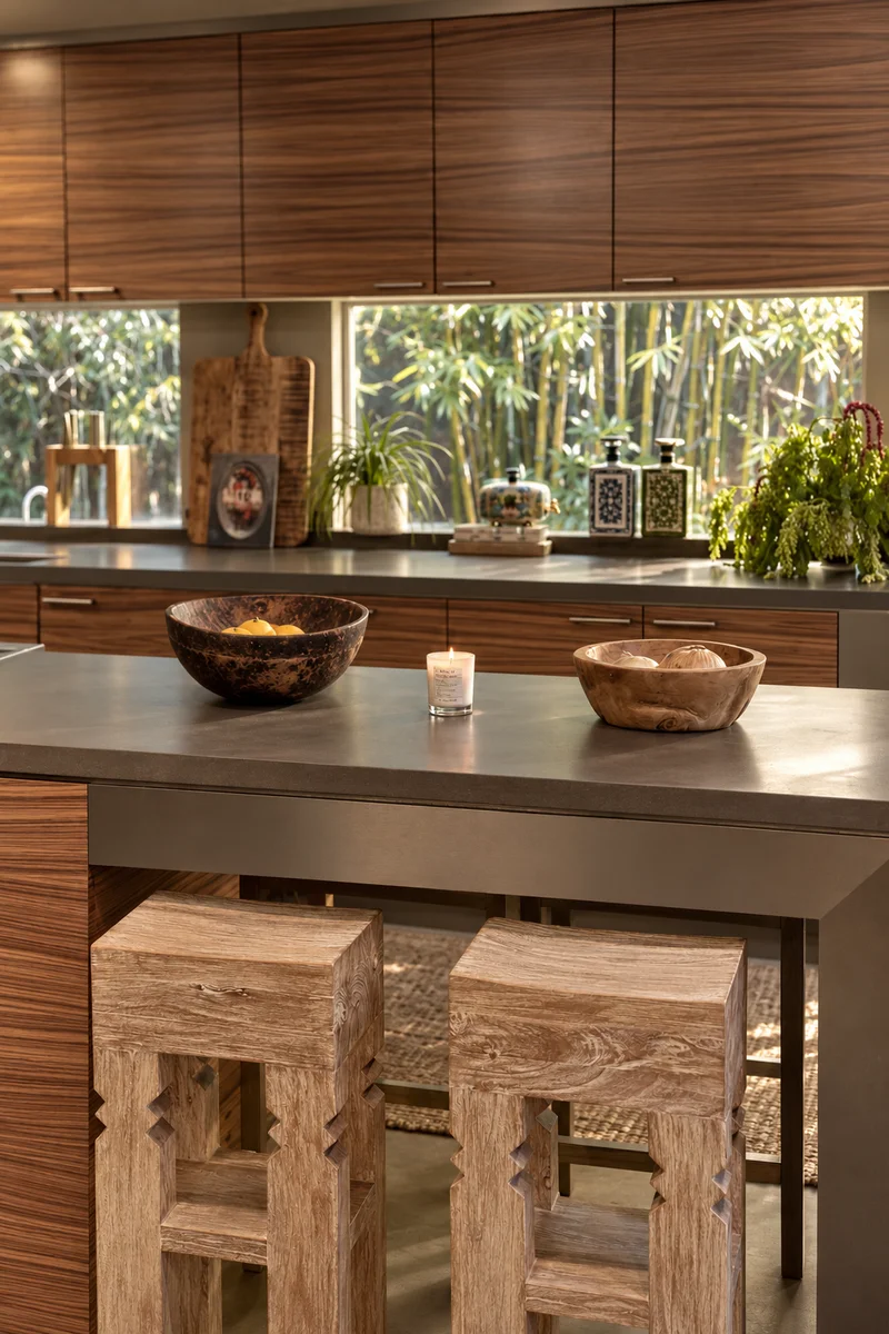 A kitchen island in figured timber under a dark stone counter, two carved timber stools tucked beneath it, a dark wooden bowl of lemons and a pale one of fruit on top beside a lit candle, and a long window behind the run of cabinets looking into bamboo.