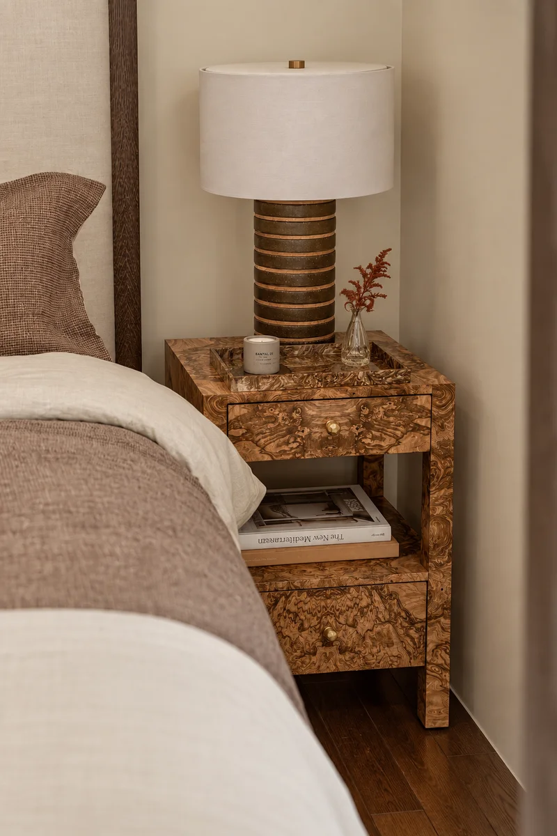 A burr-figured nightstand beside an upholstered headboard, a ribbed dark lamp with a cream drum shade on it next to a candle and a small glass vase of rust-coloured stems, and books on the shelf below.