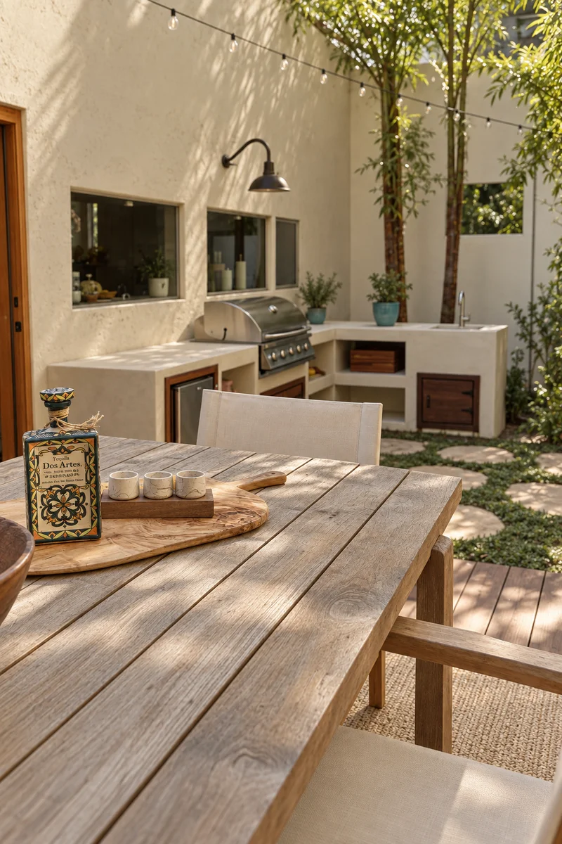 An outdoor kitchen in pale plaster — a built-in grill, a sink and timber-doored cupboards under a wall lamp and a string of bulbs — seen past the end of a weathered timber table set with a ceramic bottle and small cups on a round board, with stepping stones through low planting and slender trees beyond.