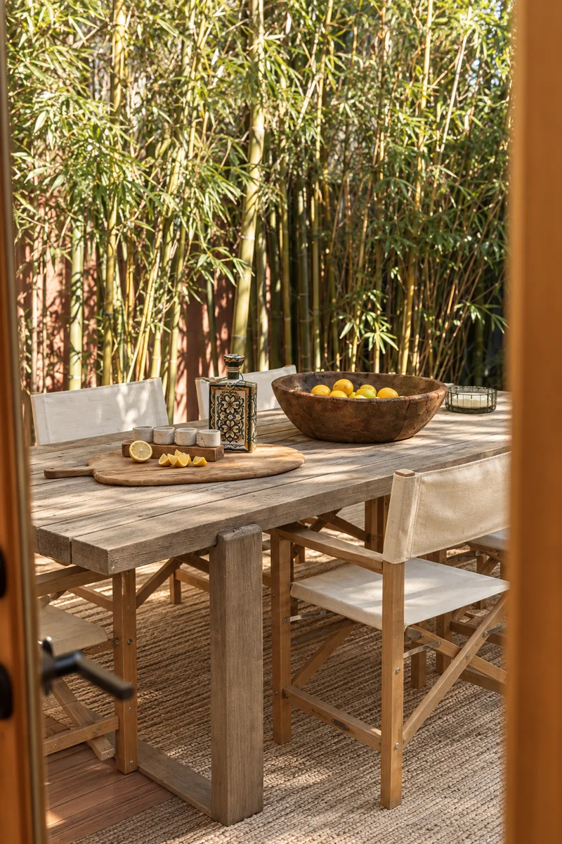 A weathered timber table on a jute rug outside, canvas-backed folding chairs drawn around it, a wooden bowl of lemons and a cut lemon on a round board, seen through an open door with bamboo growing tall against a dark red wall behind.